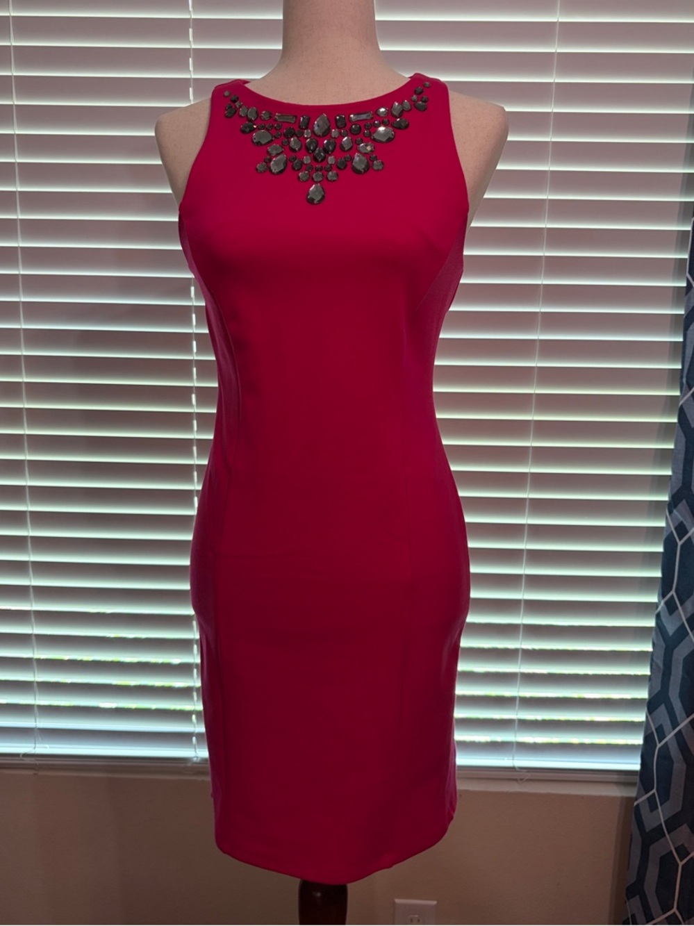 Jennifer Lopez Jewel-Embellished Fuchsia Midi Sheath Dress